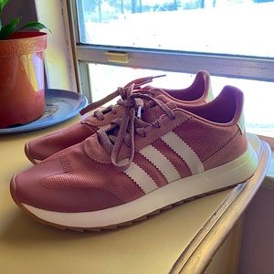 Adidas Athletic Shoes. Matte pink with white stripes. Size 7 1/2.